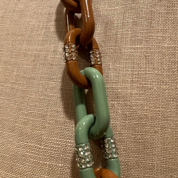 J.Crew Turquoise and Tan 32 Inch Link Necklace with Clear Crystals - Picture 4 of 5